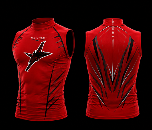 Red sleeveless athletic shirt with black and white designs on a black background