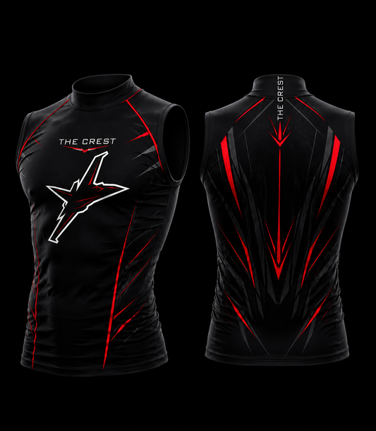 Black sleeveless athletic shirt with red accents and 'The Crest' logo on a black background