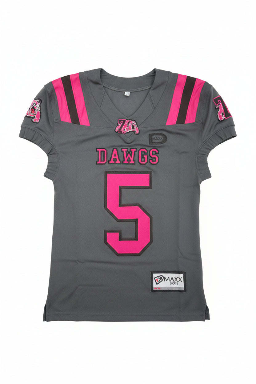 Gray sports jersey with pink and red text and logos on a carpeted floor