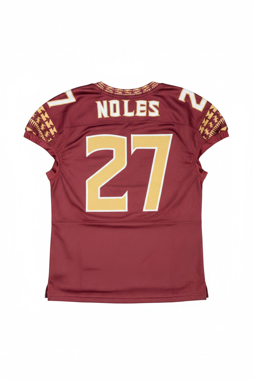 Maroon football jersey with 'Noles' and number '27' on a gray background