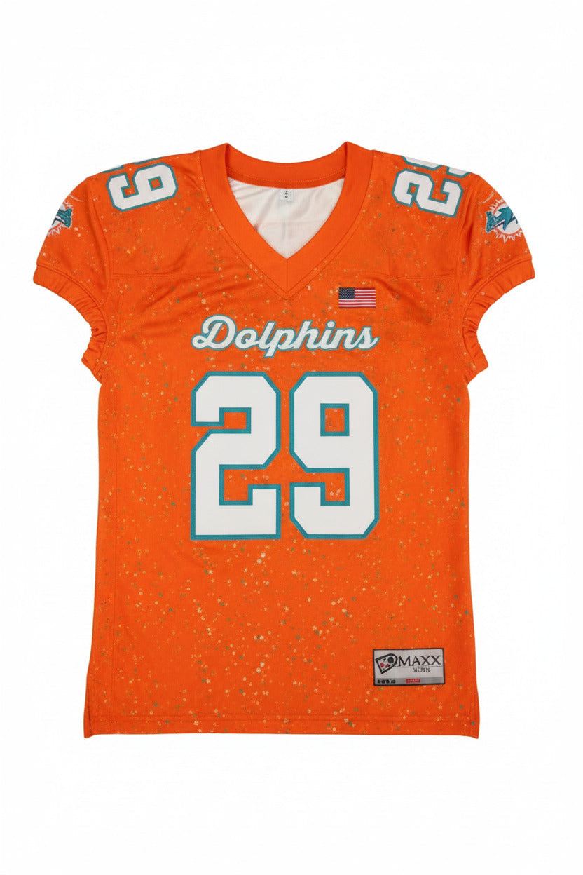 Orange sports football  jersey with number 29 and 'Dolphins' text on a dark background